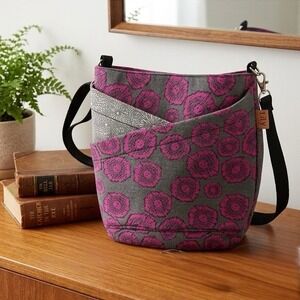 Lily Handcrafted Small Fabric Crossbody Bag Floral Butterfly Lining Magenta Grey
